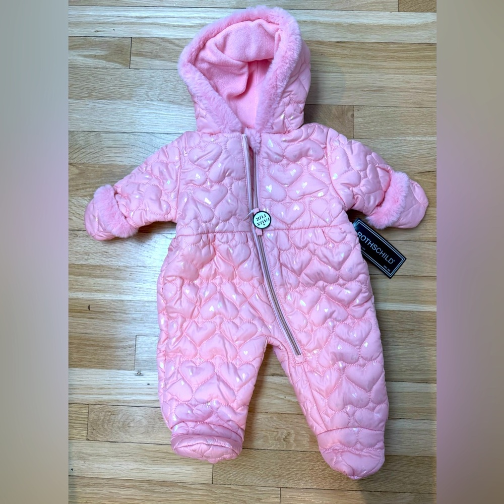 NWT Rothschild baby-girls 3/6M Pink Blush Hearts Faux Fur TrimHood Suit Snowsuit